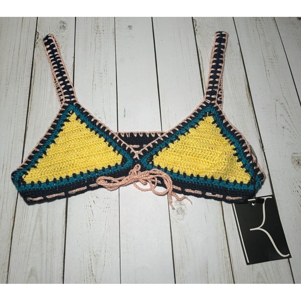 Dance & Marvel Crochet Knit Bikini Top Triangle Navy & Yellow Sz L Retro